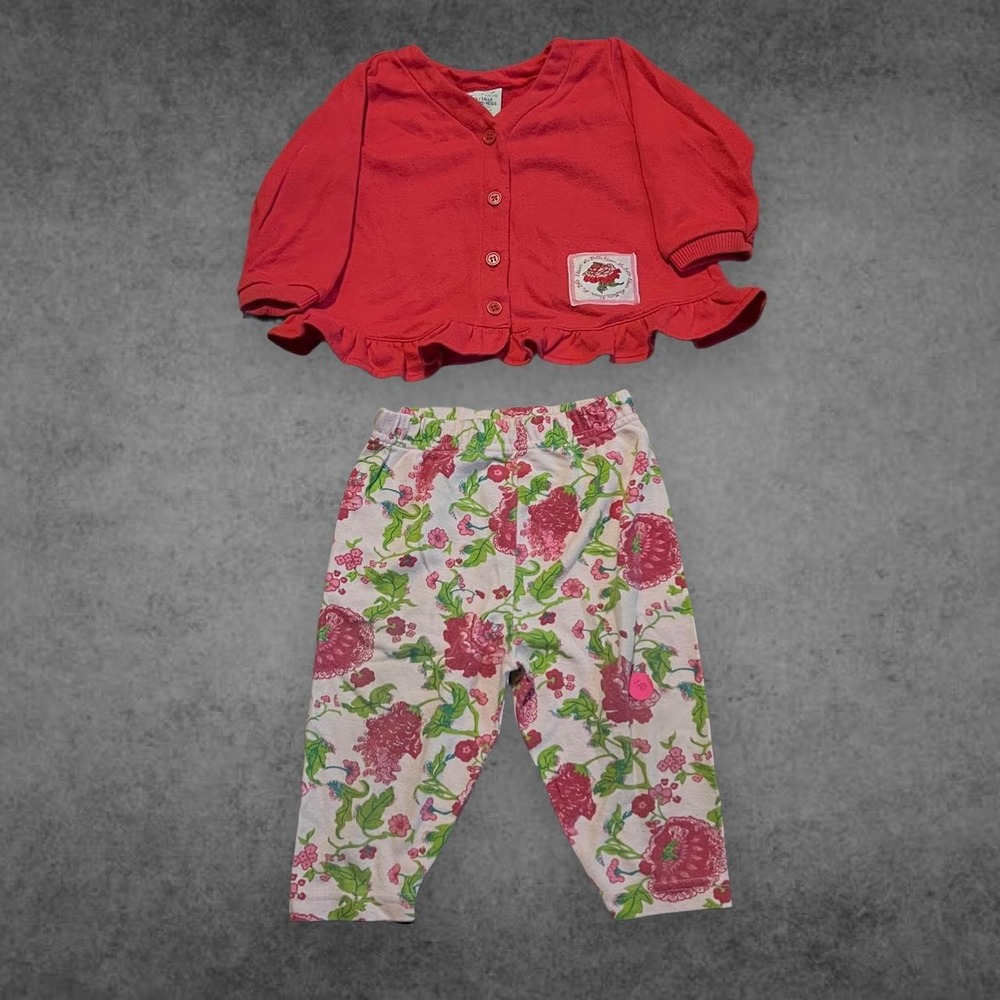 Vintage Confetti Knits Floral Cardigan and Leggings Set Red Pink 12 Months VTG